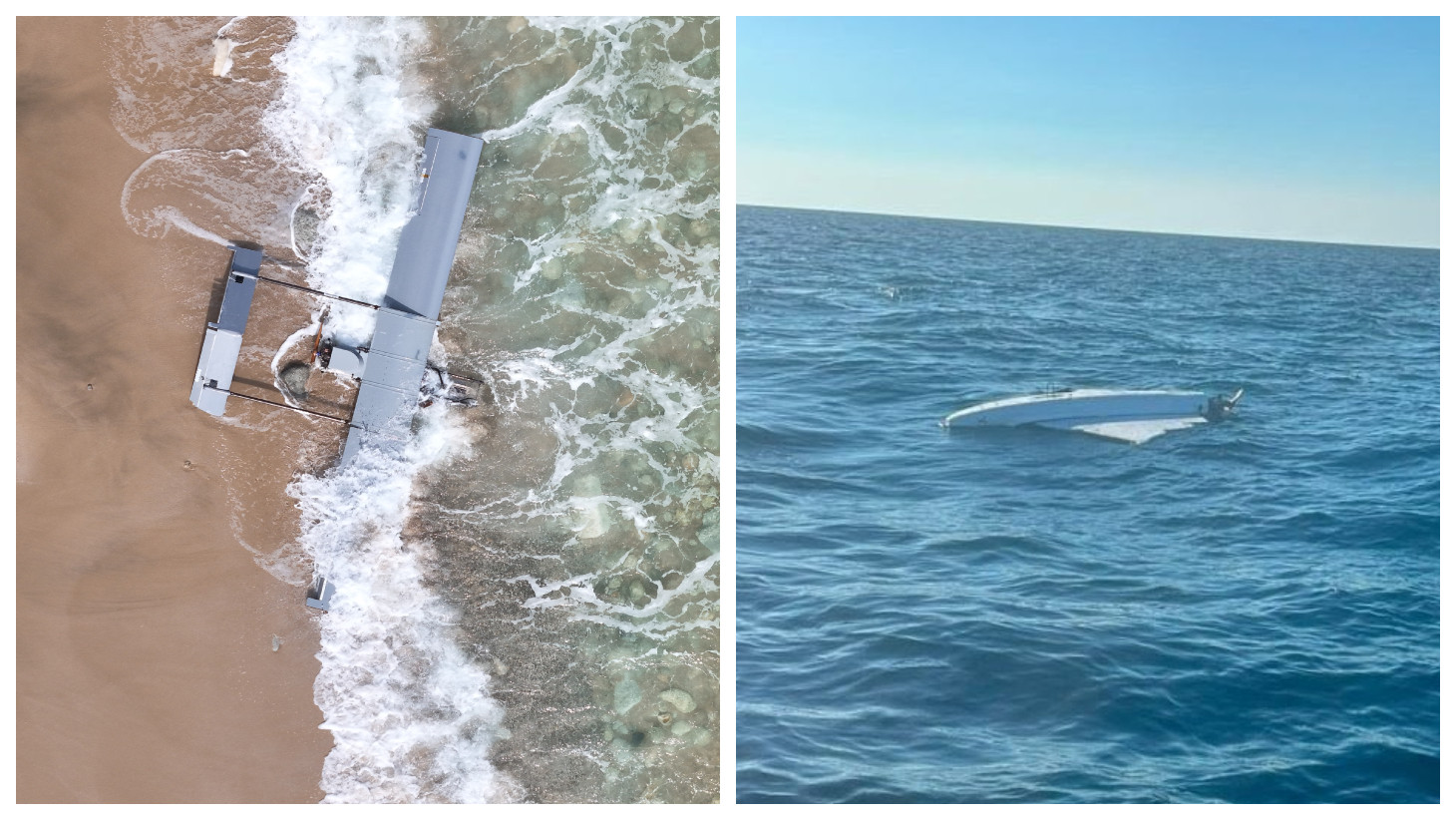 21 Ağustosta İstanbulun Arnavutköy ilçesinde Karaburun sahilinde sabah saatlerinde vatandaşlar tarafından bulunan İHA kontrollü şekilde imha edilmiş (solda), 23 Ağustosta ise Sakarya açıklarında deniz yüzeyinde ters dönmüş halde bir İHA bulunduğu sosyal medyada yankı uyandırmıştı (sağda). Fotoğraflar: İHA / X