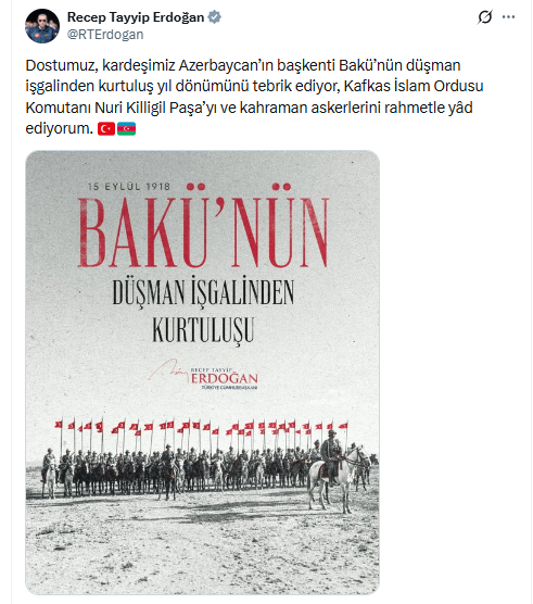 Cumhurbaşkanı Erdoğan, Bakü'nün düşman işgalinden kurtuluşunu kutladı